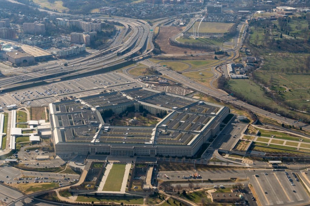 a view of The Pentagon with a mountain in the background