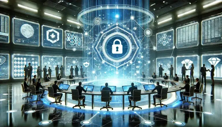 Central command hub: A conceptual illustration of a command hub used by The National Cyber Defense Agency featuring futuristic holographic screens displaying glowing blue data.