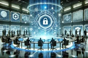 Central command hub: A conceptual illustration of a command hub used by The National Cyber Defense Agency featuring futuristic holographic screens displaying glowing blue data.