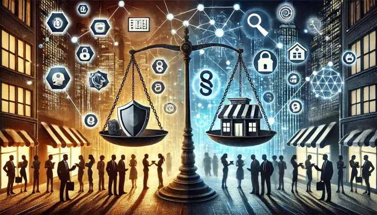A conceptual illustration representing the public reactions and challenges of cybersecurity reforms. The image features a scale balancing two sides; Security on the left, supported by an orange glow, and the impact on small businesses on the right, supported by blue glow.