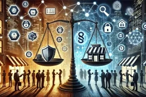 A conceptual illustration representing the public reactions and challenges of cybersecurity reforms. The image features a scale balancing two sides; Security on the left, supported by an orange glow, and the impact on small businesses on the right, supported by blue glow.