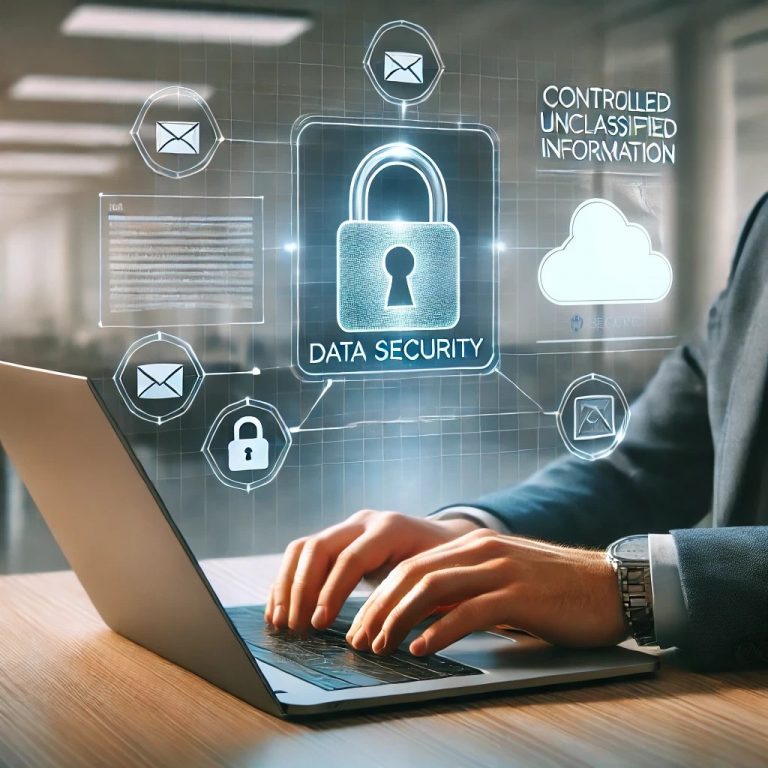 A realistic illustration of a person seated at a desk, typing on a laptop, sending Controlled Unclassified Information (CUI) securely to cloud storage using DR Connect.