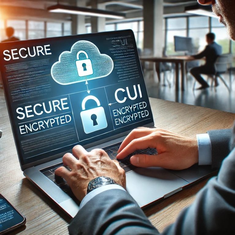 Image features a man sitting at a desk in his company's office sending secured controlled unclassified information (CUI) using RegDOX Solution's 'DR Connect™'.