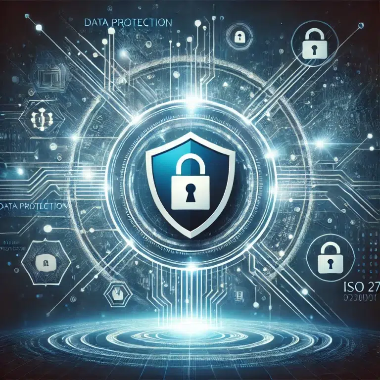 This image represents RegDOX's commitment to cybersecurity, data protection, and compliance with their recent ISO 27001 audit. It features a shield with the symbol of a padlock on it, ensuring security. The theme features blue and white lights surrounding the shield in an otherwise dark setting.