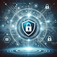 This image represents RegDOX's commitment to cybersecurity, data protection, and compliance with their recent ISO 27001 audit. It features a shield with the symbol of a padlock on it, ensuring security. The theme features blue and white lights surrounding the shield in an otherwise dark setting.