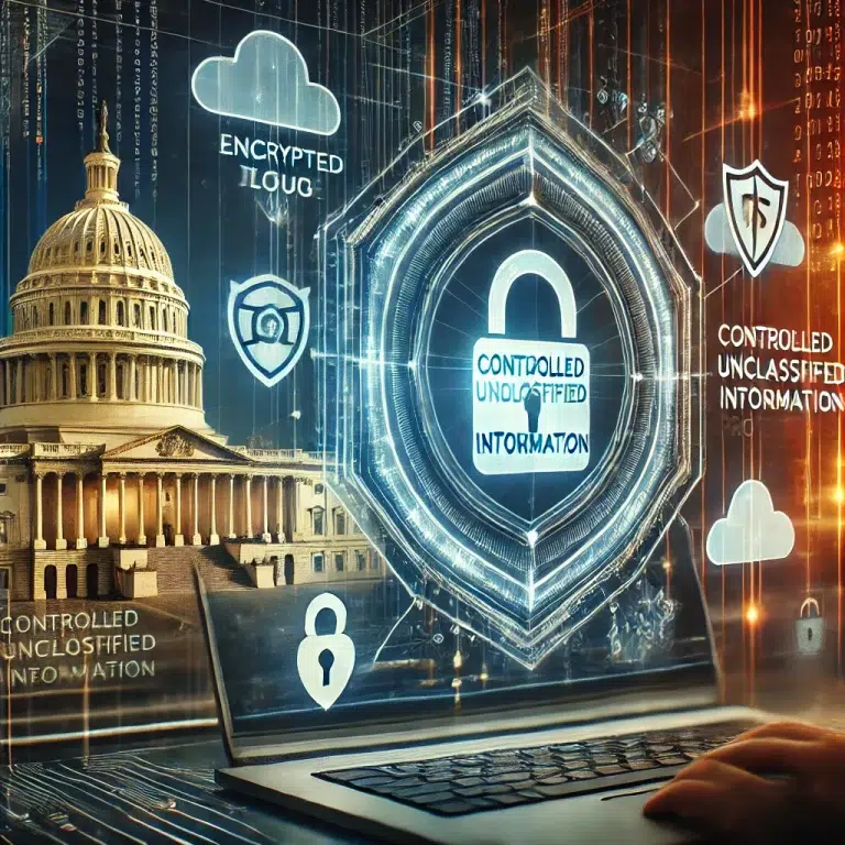 A futuristic cybersecurity concept featuring a secure digital workspace with blue holographic data protection shields. In the background, stands the White House, that represents Trump's administration and its effect on securing CUI.