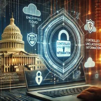 A futuristic cybersecurity concept featuring a secure digital workspace with blue holographic data protection shields. In the background, stands the White House, that represents Trump's administration and its effect on securing CUI.