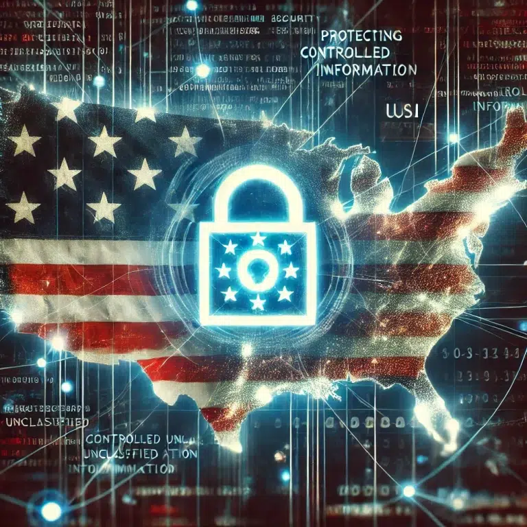 A conceptual digital illustration of cybersecurity in the U.S. government. The image features a glowing lock symbol overlaid on a map of the United States. The map is a cutout of the American flag using the outline of the country for its shape. In the background of the image shows bits of information and examples of data to generate a theme of cybersecurity and how the US is prioritizing its protection.