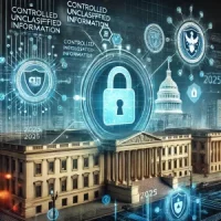 A professional and modern illustration depicting federal cybersecurity regulations in 2025, with a focus on Controlled Unclassified Information (CUI). The image portrays a theme of digital security by providing blue holographic overlay of locks and shields. It also features the US Capitol building and its impact on 2025 Federal Cybersecurity Regulations.
