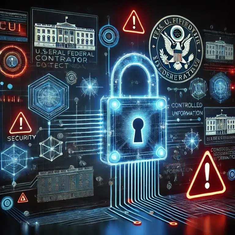 A professional illustration showing cybersecurity compliance for CUI (Controlled Unclassified Information). The image features a glowing holographic padlock that represent government security in the technological world of data.