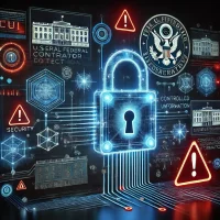 A professional illustration showing cybersecurity compliance for CUI (Controlled Unclassified Information). The image features a glowing holographic padlock that represent government security in the technological world of data.