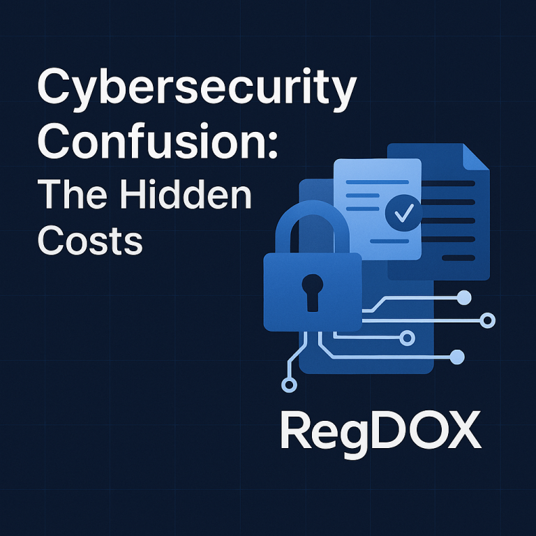 Modern digital graphic illustrating cybersecurity confusion with icons of locks, documents, and cloud compliance. The design highlights the importance of RegDOX's Compliant Cloud Environment as a secure solution for managing cybersecurity confusion and ensuring regulatory adherence.