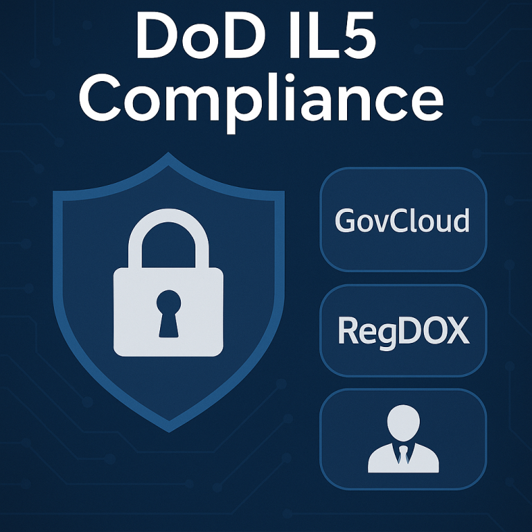 DoD IL5 Compliance visual featuring a shield with padlock icon, highlighting GovCloud, RegDOX Secure Data Room Solution, and Mission Owner roles, emphasizing security and regulatory alignment.