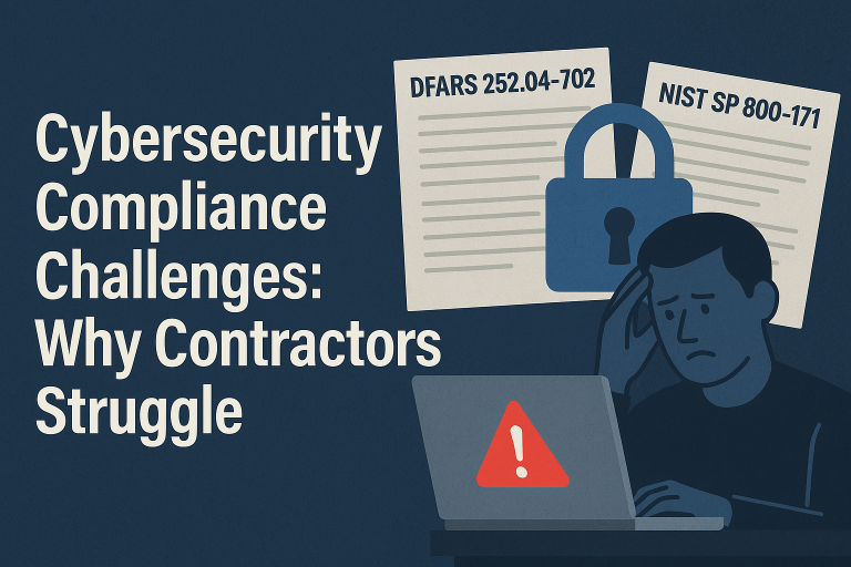 Digital graphic illustrating cybersecurity compliance challenges faced by defense contractors, highlighting the importance of solutions like RegDOX to ensure regulatory adherence and protect sensitive information.
