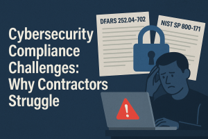 Digital graphic illustrating cybersecurity compliance challenges faced by defense contractors, highlighting the importance of solutions like RegDOX to ensure regulatory adherence and protect sensitive information.