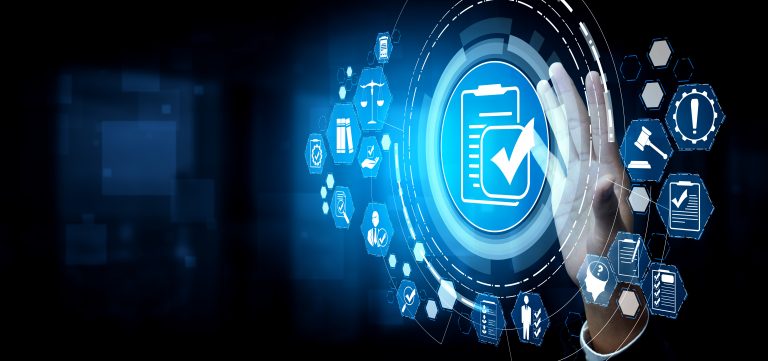 A hand reaches for a digital checklist highlighting the features of RegDOX’s Compliant Cloud Environment (CCE), which provides enhanced capabilities tailored for federal contracting companies, enhancing CUI Security. The checklist contains themes of blue and white light to symbolize the digital aspects of cloud computing.