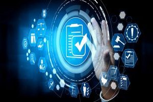 A hand reaches for a digital checklist highlighting the features of RegDOX’s Compliant Cloud Environment (CCE), which provides enhanced capabilities tailored for federal contracting companies, enhancing CUI Security. The checklist contains themes of blue and white light to symbolize the digital aspects of cloud computing.