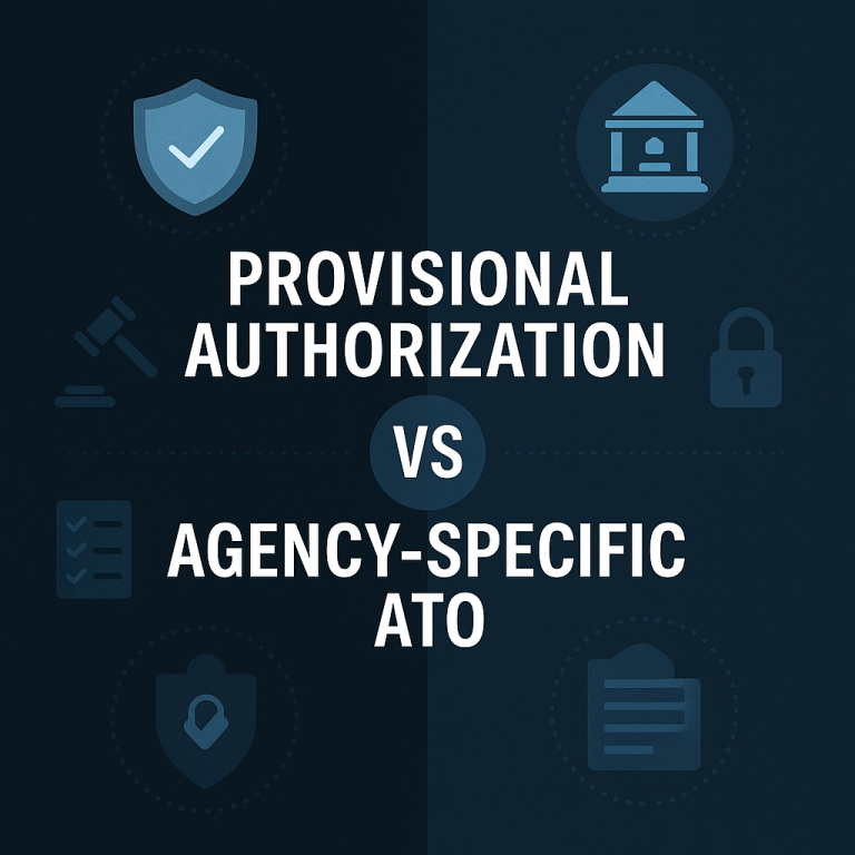 Split graphic design illustrating the difference between Provisional Authorization and Agency-Specific ATO, featuring security icons like a shield and government building; visually supports IL5 compliance messaging for the RegDOX Secure Data Room Solution.
