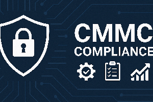 A modern 2D graphic illustrating CMMC compliance, featuring a shield with a lock symbol, circuit board patterns, and icons representing regulation, documentation, and growth, with bold text reading “CMMC COMPLIANCE” on a dark blue background.