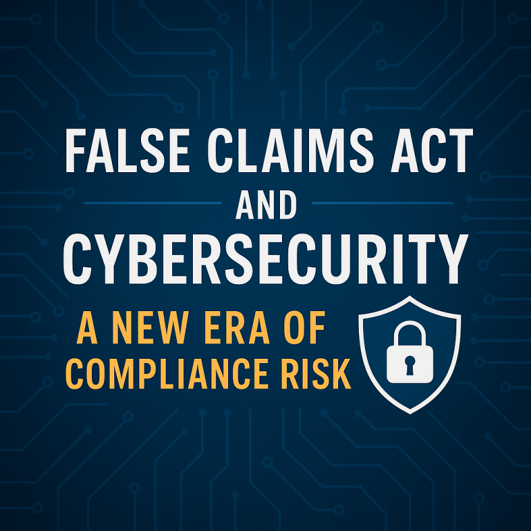 Digital graphic with the text 'False Claims Act and Cybersecurity: A New Era of Compliance Risk' over a circuit board background, representing RegDOX Solutions' focus on FCA cybersecurity compliance.