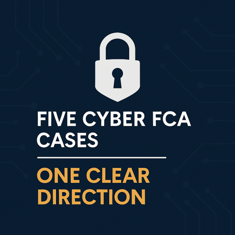Digital graphic illustrating "Five Cyber FCA Cases, One Clear Direction" with cybersecurity circuit visuals on a dark blue background. The image emphasizes the importance of cyber FCA compliance and highlights the role of cloud service offerings like RegDOX Solutions in maintaining regulatory adherence and protecting sensitive government-related data.