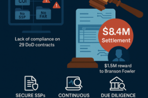 Digital Infographic Highlighting The Key Concepts Behind Risks Of Noncompliance. The Graphic Depicts Elements Mentioned In The Raytheon Settlement With A Gavel To Represent The Legal Repercussions. The Graphic Also Highlights The Importance Of Solutions Like RegDOX And How Audit-ready Compliance Tools Are Necessary To Operate In This Industry.