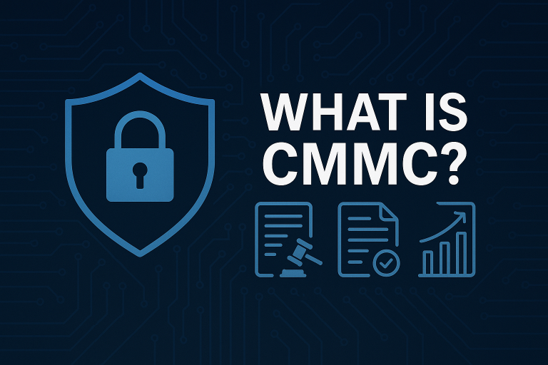 A sleek digital graphic with a dark blue background and circuit board patterns, featuring a shield with a padlock icon on the left and bold white text reading “WHAT IS CMMC?” on the right. Below the text are icons representing legal regulations, compliance documentation, and data protection growth. Ask ChatGPT