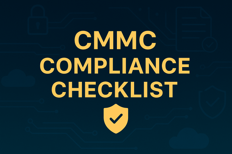 Digital graphic titled 'CMMC Compliance Checklist' with a dark professional background. The design features neon-colored checklist icons, shield and lock symbols for cybersecurity, and regulatory-themed line art. The sleek, modern layout highlights security, compliance, and the role of RegDOX in protecting sensitive information.
