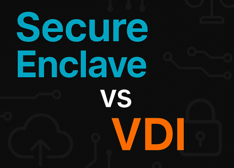 Digital graphic with black background showing the text 'Secure Enclave vs VDI'. 'Secure Enclave' is in cyan, 'vs' in white, and 'VDI' in orange. Subtle gray tech-themed icons, including circuits, a cloud, a lock, and compliance symbols, are integrated into the background for a modern and professional look.