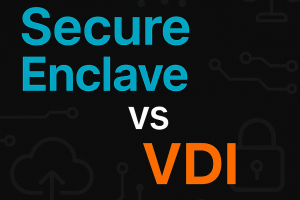 Digital graphic with black background showing the text 'Secure Enclave vs VDI'. 'Secure Enclave' is in cyan, 'vs' in white, and 'VDI' in orange. Subtle gray tech-themed icons, including circuits, a cloud, a lock, and compliance symbols, are integrated into the background for a modern and professional look.