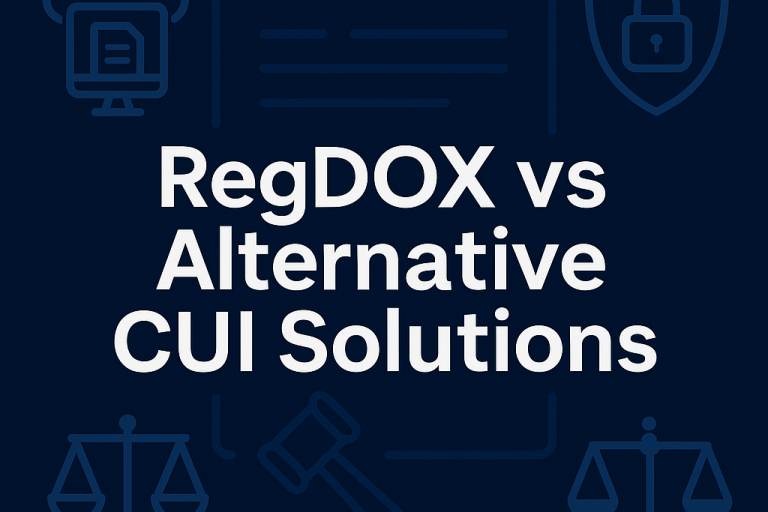 Dark navy blue digital graphic with the text 'RegDOX vs Alternative CUI Solutions' centered in white, surrounded by icons of a shield, cloud, scales, and gavel symbolizing compliance and security.