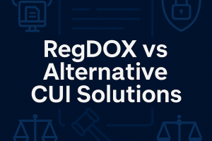 Dark navy blue digital graphic with the text 'RegDOX vs Alternative CUI Solutions' centered in white, surrounded by icons of a shield, cloud, scales, and gavel symbolizing compliance and security.