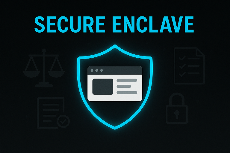 Digital graphic with a black background featuring the words 'Secure Enclave' in cyan. A glowing cyan shield encloses a browser window with icons for documents, folders, and collaboration tools. Surrounding the shield are subtle gray icons of a cloud, lock, compliance checklist, and scales of justice, symbolizing security and regulatory compliance. Footer text reads: 'Secure, Compliant Collaboration with RegDOX CCE'.