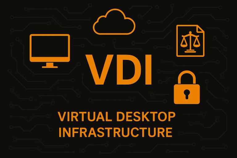Digital graphic with a black background featuring the acronym VDI in bold orange letters, with the words Virtual Desktop Infrastructure below. Surrounding icons include a computer monitor, a cloud, a padlock, and a compliance scales document, all in orange, connected by subtle circuit patterns to emphasize security, compliance, and technology.