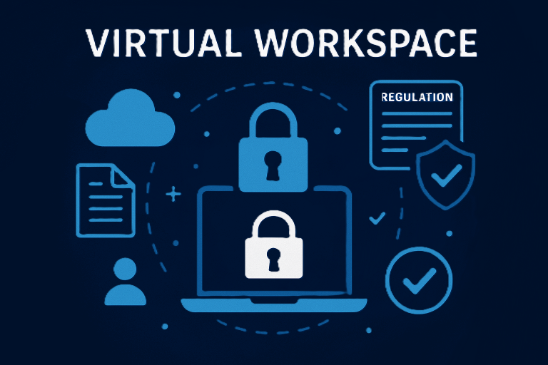 Digital illustration of a secure virtual workspace with laptop, padlock, cloud, regulation, and compliance icons representing CUI protection and federal contractor security.