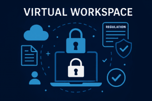 Digital illustration of a secure virtual workspace with laptop, padlock, cloud, regulation, and compliance icons representing CUI protection and federal contractor security.