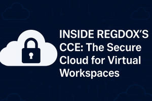 Digital graphic with a dark navy blue background featuring the title 'Inside RegDOX’s CCE: The Secure Cloud for Virtual Workspaces' beside a white cloud icon with a lock, symbolizing secure cloud technology, compliance, and data protection.