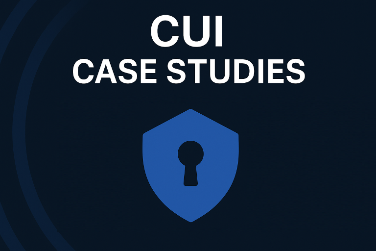 CUI Case Studies graphic showing a secure cloud and shield icon representing data protection, with labeled icons for regulations and compliance, and the RegDOX logo on a modern blue gradient background.