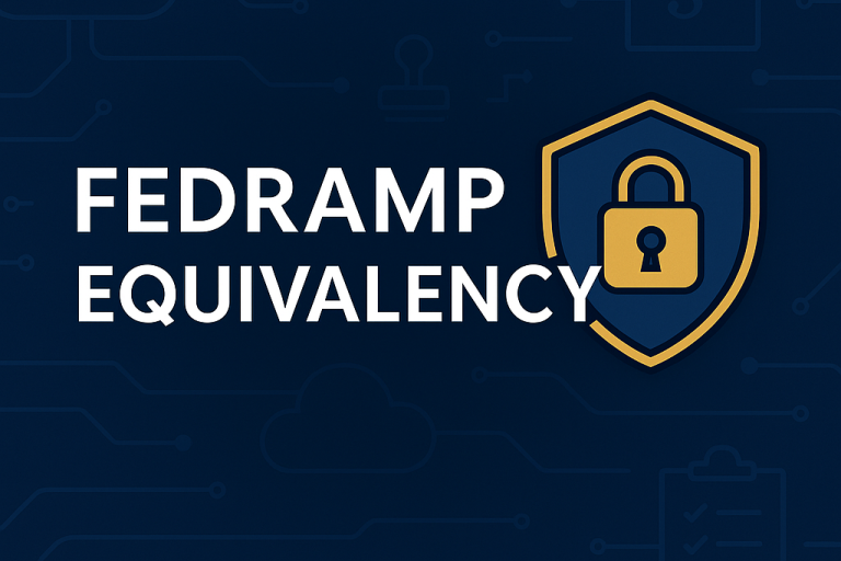 Digital graphic illustrating FedRAMP Equivalency with secure cloud and shield icons, compliance checkmarks, and network patterns in navy blue and gold, featuring the text ‘FedRAMP Moderate Equivalent | RegDOX Secure Collaboration.’