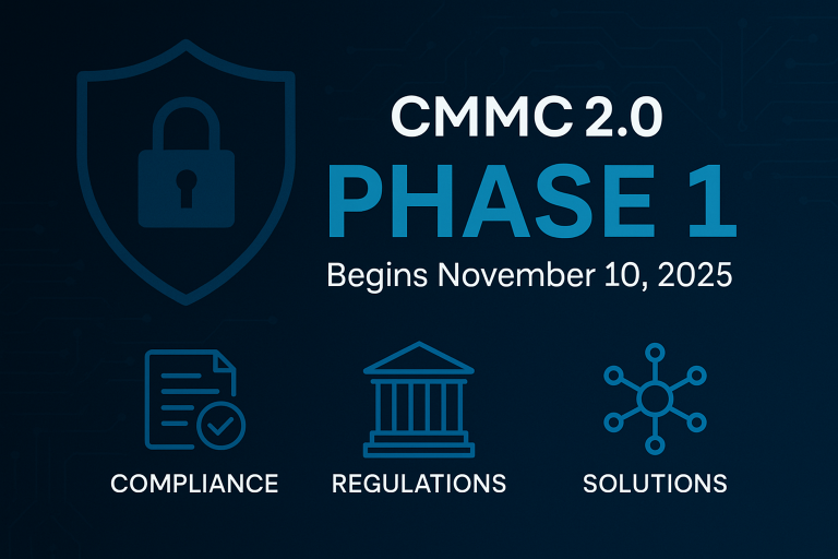 A modern digital graphic illustrating the launch of CMMC 2.0 Phase 1, featuring secure data networks, shield icons, and cloud compliance visuals. The design uses blue, gold, and white tones to convey trust, professionalism, and cybersecurity. Central text reads “Phase 1: Self-Assessments Begin,” symbolizing the start of CMMC implementation and emphasizing data protection, regulatory adherence, and compliance readiness for defense contractors.