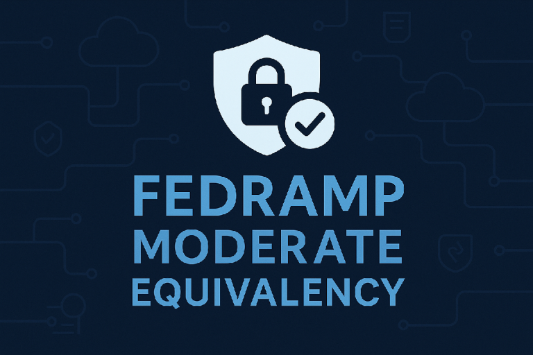 A sleek digital graphic with a dark navy-blue background representing FedRAMP Moderate Equivalency. The design features a secure cloud and shield icon surrounded by subtle circuit lines and compliance symbols, reflecting RegDOX’s focus on regulatory adherence and data protection.