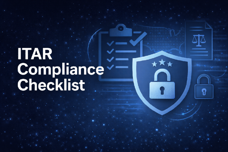 ITAR Compliance Checklist graphic with checklist and security icons on a dark blue background, representing regulatory compliance and data protection.