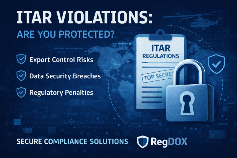 A sleek digital graphic titled 'ITAR Violations' featuring secure cloud icons, document symbols, and padlocks over a dark blue background, emphasizing compliance, data protection, and regulatory enforcement with a modern, professional design.