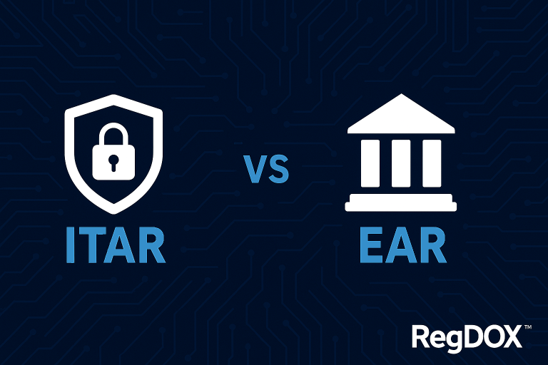 Digital graphic comparing ITAR and EAR export regulations. ITAR is shown with a padlock and shield icon, EAR with a government building icon. All elements appear on a bright blue circuit board background, with the RegDOX logo in the bottom right corner.