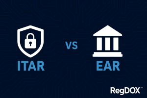 Digital graphic comparing ITAR and EAR export regulations. ITAR is shown with a padlock and shield icon, EAR with a government building icon. All elements appear on a bright blue circuit board background, with the RegDOX logo in the bottom right corner.
