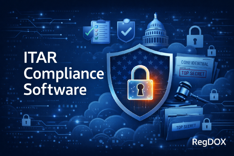 Digital graphic promoting ITAR compliance software with sleek, modern design. Features visual icons for cybersecurity, encryption, and regulatory protection, reinforcing RegDOX’s role in secure document management and export control compliance.