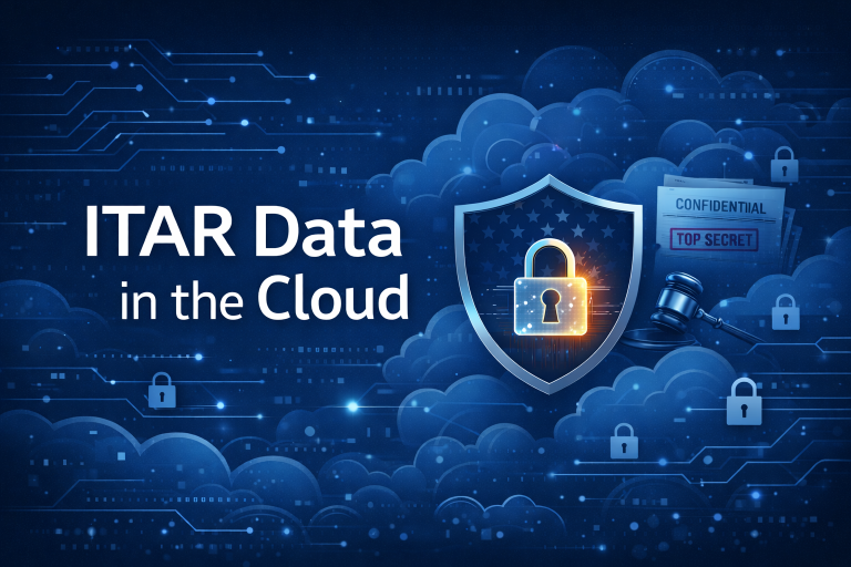 A digital graphic with a dark navy background titled ‘ITAR Data in the Cloud,’ featuring 2D icons of cloud storage, padlocks, and regulatory symbols like shields and document outlines—emphasizing secure, compliant cloud storage for ITAR-regulated data.