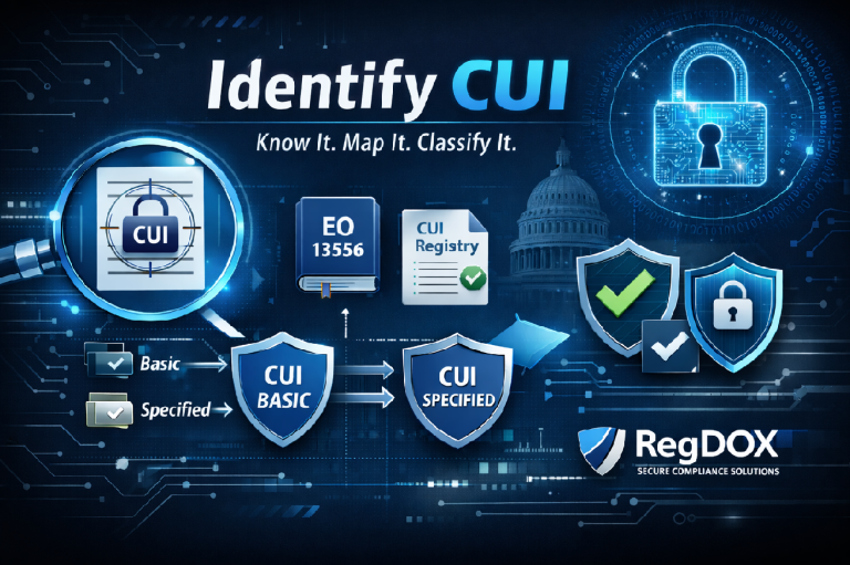 Blue-toned “Identify CUI” graphic showing a magnifying glass over a CUI document, references to EO 13556 and the CUI Registry, and shields labeled CUI Basic and CUI Specified, with padlock and cybersecurity icons representing secure, compliant handling.
