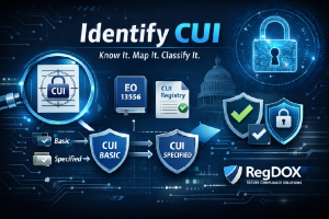 Blue-toned “Identify CUI” graphic showing a magnifying glass over a CUI document, references to EO 13556 and the CUI Registry, and shields labeled CUI Basic and CUI Specified, with padlock and cybersecurity icons representing secure, compliant handling.