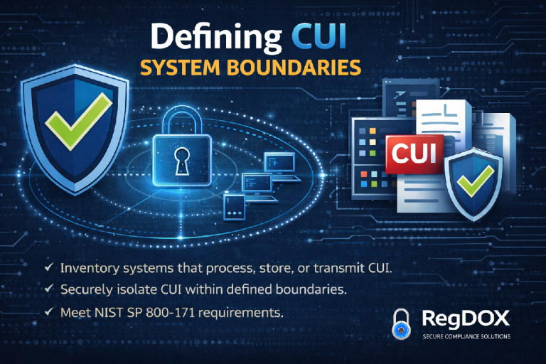 Defining CUI system boundary graphic showing secured system components, CUI documents, and protected network zones to illustrate how organizations scope systems that process, store, or transmit CUI under NIST SP 800-171.